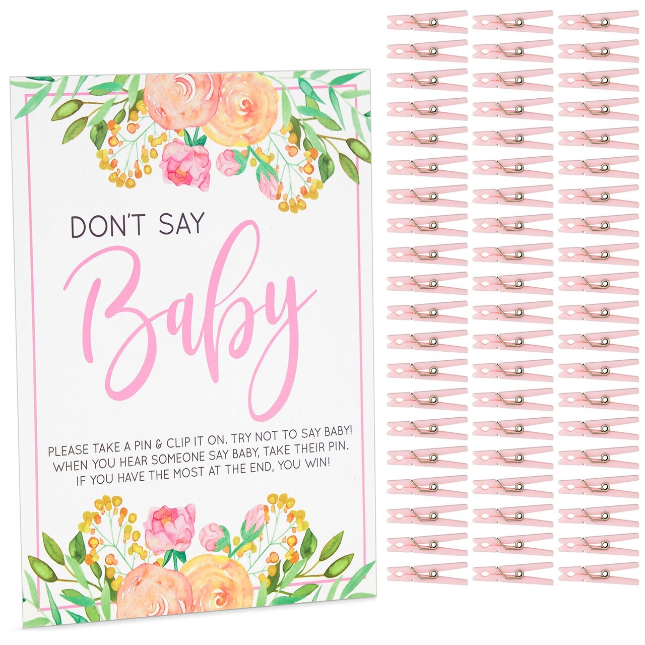 Sparkle and Bash Don't Say Baby Shower Game Sign - 8 x 10 in, 60 Pink Clothespins & Floral Design for Baby Shower Games for Girl